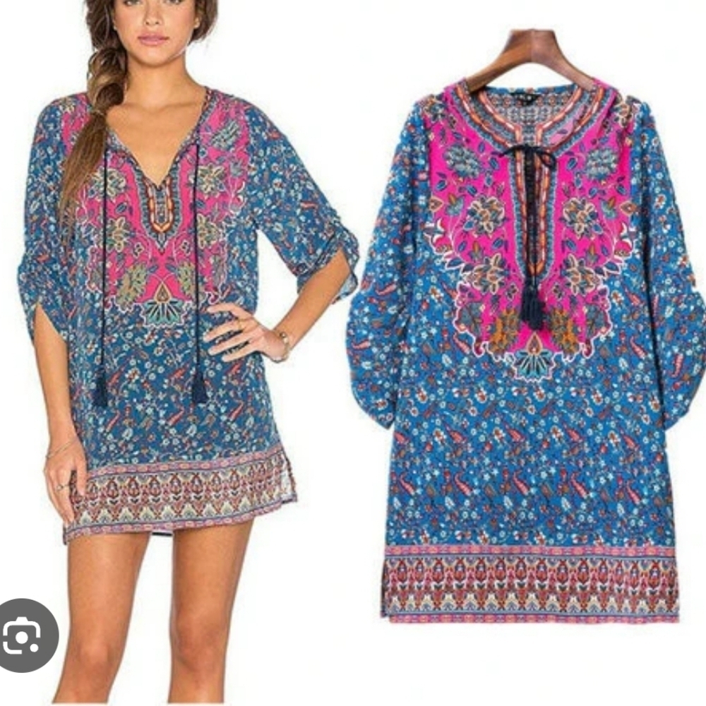 Tolani 100% Silk Boho Tunic Sandy Dress Blue/Aqua/Pink Mandala Print Large